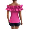 imageOYOANGLE Womens Ruffle Trim Off Shoulder Short Sleeve Blouse Party Tops ShirtSolid Pink