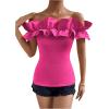 imageOYOANGLE Womens Ruffle Trim Off Shoulder Short Sleeve Blouse Party Tops ShirtSolid Pink