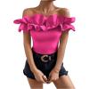 imageOYOANGLE Womens Ruffle Trim Off Shoulder Short Sleeve Blouse Party Tops ShirtSolid Pink