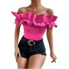 imageOYOANGLE Womens Ruffle Trim Off Shoulder Short Sleeve Blouse Party Tops ShirtSolid Pink