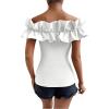 imageOYOANGLE Womens Ruffle Trim Off Shoulder Short Sleeve Blouse Party Tops ShirtWhite Solid