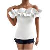 imageOYOANGLE Womens Ruffle Trim Off Shoulder Short Sleeve Blouse Party Tops ShirtWhite Solid