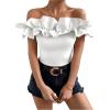 imageOYOANGLE Womens Ruffle Trim Off Shoulder Short Sleeve Blouse Party Tops ShirtWhite Solid