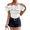 imageOYOANGLE Womens Ruffle Trim Off Shoulder Short Sleeve Blouse Party Tops ShirtWhite Solid