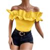 imageOYOANGLE Womens Ruffle Trim Off Shoulder Short Sleeve Blouse Party Tops ShirtYellow