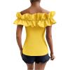 imageOYOANGLE Womens Ruffle Trim Off Shoulder Short Sleeve Blouse Party Tops ShirtYellow