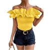 imageOYOANGLE Womens Ruffle Trim Off Shoulder Short Sleeve Blouse Party Tops ShirtYellow