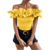 imageOYOANGLE Womens Ruffle Trim Off Shoulder Short Sleeve Blouse Party Tops ShirtYellow