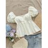 imageOYOANGLE Womens Textured Sweetheart Neck Blouses Puff Short Sleeve Ruffle Hem Cute Peplum TopsBeige