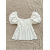 imageOYOANGLE Womens Textured Sweetheart Neck Blouses Puff Short Sleeve Ruffle Hem Cute Peplum TopsBeige