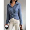 imageOYOANGLE Womens Wrap Front Button Down Blouses Collared Long Sleeve Tie Back Office Work Shirts TopsBlue