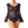 imageOYOANGLE Womens 2 Piece Off Shoulder Long Sleeve Ruffle Mesh Sheer Nightgowns with Thongs Babydoll Lingerie SetBlack