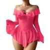 imageOYOANGLE Womens 2 Piece Off Shoulder Long Sleeve Ruffle Mesh Sheer Nightgowns with Thongs Babydoll Lingerie SetHot Pink
