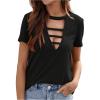 imageOYOANGLE Womens Cutout Deep V Neck Choker Tee Short Sleeve Summer Tunic Tops ShirtsBlack