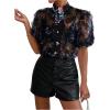 imageOYOANGLE Womens Floral Print Mesh Sheer Pearl Button Down Blouse Mock Neck Puff Short Sleeve Ruffle Trim ShirtBlack