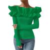 imageOYOANGLE Womens Long Sleeve Rib Knit Ruffle Off Shoulder Blouse Party Tops ShirtGreen