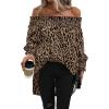 imageOYOANGLE Womens Off Shoulder High Low Tunic Tops Allover Print Long Puff Sleeve BlouseBrown