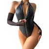 imageOYOANGLE Womens One Piece Bodysuits Zipper Up Sleeveless Pu Leather Halter Bodysuit Tops with Arm SleevesBlack