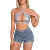 imageOYOANGLE Womens Pu Leather Lingerie Crisscross Cut Out Halter Bralette No Padded Backless BraSilver