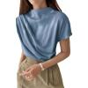 imageOYOANGLE Womens Ruched Draped Front Mock Neck Short Sleeve Solid Tee Shirt TopBlue