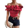 imageOYOANGLE Womens Ruffle Trim Off Shoulder Short Sleeve Blouse Party Tops ShirtRed