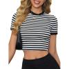 imageOYOANGLE Womens Striped Print Crew Neck Short Sleeve T Shirts Slim Fit Crop Tee TopsBlack and White