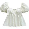 imageOYOANGLE Womens Textured Sweetheart Neck Blouses Puff Short Sleeve Ruffle Hem Cute Peplum TopsBeige
