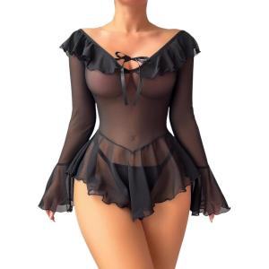 imageOYOANGLE Womens 2 Piece Off Shoulder Long Sleeve Ruffle Mesh Sheer Nightgowns with Thongs Babydoll Lingerie SetBlack