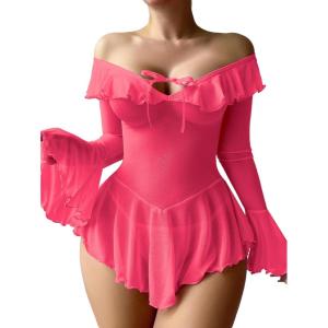 imageOYOANGLE Womens 2 Piece Off Shoulder Long Sleeve Ruffle Mesh Sheer Nightgowns with Thongs Babydoll Lingerie SetHot Pink