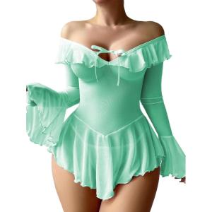 imageOYOANGLE Womens 2 Piece Off Shoulder Long Sleeve Ruffle Mesh Sheer Nightgowns with Thongs Babydoll Lingerie SetMint Green