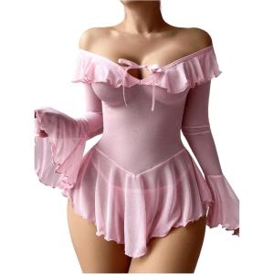 imageOYOANGLE Womens 2 Piece Off Shoulder Long Sleeve Ruffle Mesh Sheer Nightgowns with Thongs Babydoll Lingerie SetPink