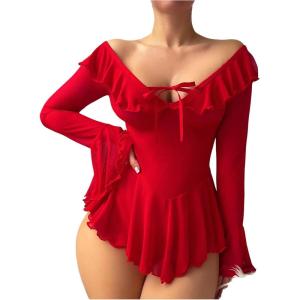 imageOYOANGLE Womens 2 Piece Off Shoulder Long Sleeve Ruffle Mesh Sheer Nightgowns with Thongs Babydoll Lingerie SetRed