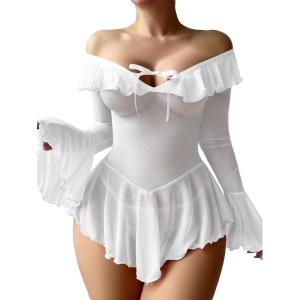 imageOYOANGLE Womens 2 Piece Off Shoulder Long Sleeve Ruffle Mesh Sheer Nightgowns with Thongs Babydoll Lingerie SetWhite