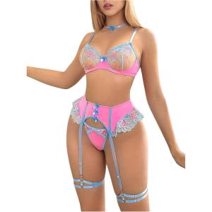 imageOYOANGLE Womens 6 Piece Mesh Floral Embroidery Lingerie Set with Garter Belt Choker Teddy BabydollPink