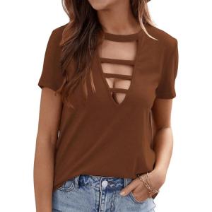 imageOYOANGLE Womens Cutout Deep V Neck Choker Tee Short Sleeve Summer Tunic Tops ShirtsBrown