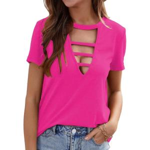imageOYOANGLE Womens Cutout Deep V Neck Choker Tee Short Sleeve Summer Tunic Tops ShirtsDeep Pink