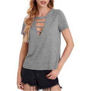 imageOYOANGLE Womens Cutout Deep V Neck Choker Tee Short Sleeve Summer Tunic Tops ShirtsLight Grey