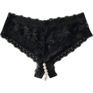 imageOYOANGLE Womens Floral Lace Pearl Cut Out Low Rise Sheer Panty Stretchy Crotchless Thong Panties UnderwearBlack