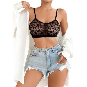 imageOYOANGLE Womens Floral Lace Sheer Mesh Bras V Neck Wireless No Padding Bralettes Adjustable Strap Cami TopsBlack