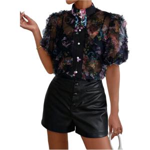 imageOYOANGLE Womens Floral Print Mesh Sheer Pearl Button Down Blouse Mock Neck Puff Short Sleeve Ruffle Trim ShirtBlack