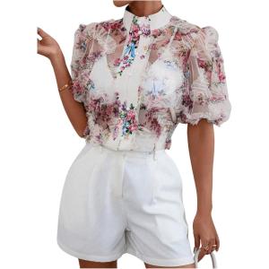 imageOYOANGLE Womens Floral Print Mesh Sheer Pearl Button Down Blouse Mock Neck Puff Short Sleeve Ruffle Trim ShirtWhite Pink