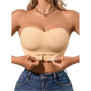 imageOYOANGLE Womens Front Closure Scallop Trim Padded Bandeau Bralette Seamless Strapless NonSlip Tube BraApricot