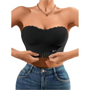 imageOYOANGLE Womens Front Closure Scallop Trim Padded Bandeau Bralette Seamless Strapless NonSlip Tube BraBlack
