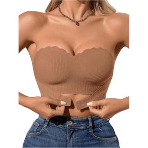 imageOYOANGLE Womens Front Closure Scallop Trim Padded Bandeau Bralette Seamless Strapless NonSlip Tube BraKhaki