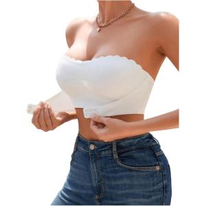 imageOYOANGLE Womens Front Closure Scallop Trim Padded Bandeau Bralette Seamless Strapless NonSlip Tube BraWhite