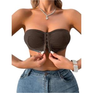 imageOYOANGLE Womens Front Closure Strapless Bandeau Bras Wireless No Padding Knitted Tube BralettesBrown