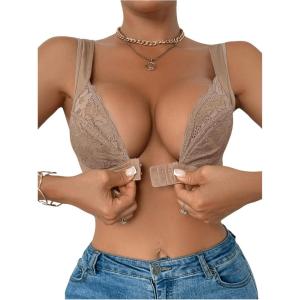 imageOYOANGLE Womens Lace Up Front Closure Bras Deep V Neck Knitted Wire Free Push Up Comfortable BralettesApricot