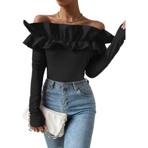 imageOYOANGLE Womens Long Sleeve Rib Knit Ruffle Off Shoulder Blouse Party Tops ShirtBlack