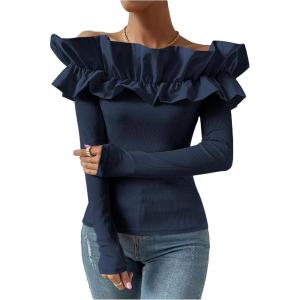 imageOYOANGLE Womens Long Sleeve Rib Knit Ruffle Off Shoulder Blouse Party Tops ShirtDark Blue
