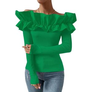 imageOYOANGLE Womens Long Sleeve Rib Knit Ruffle Off Shoulder Blouse Party Tops ShirtGreen